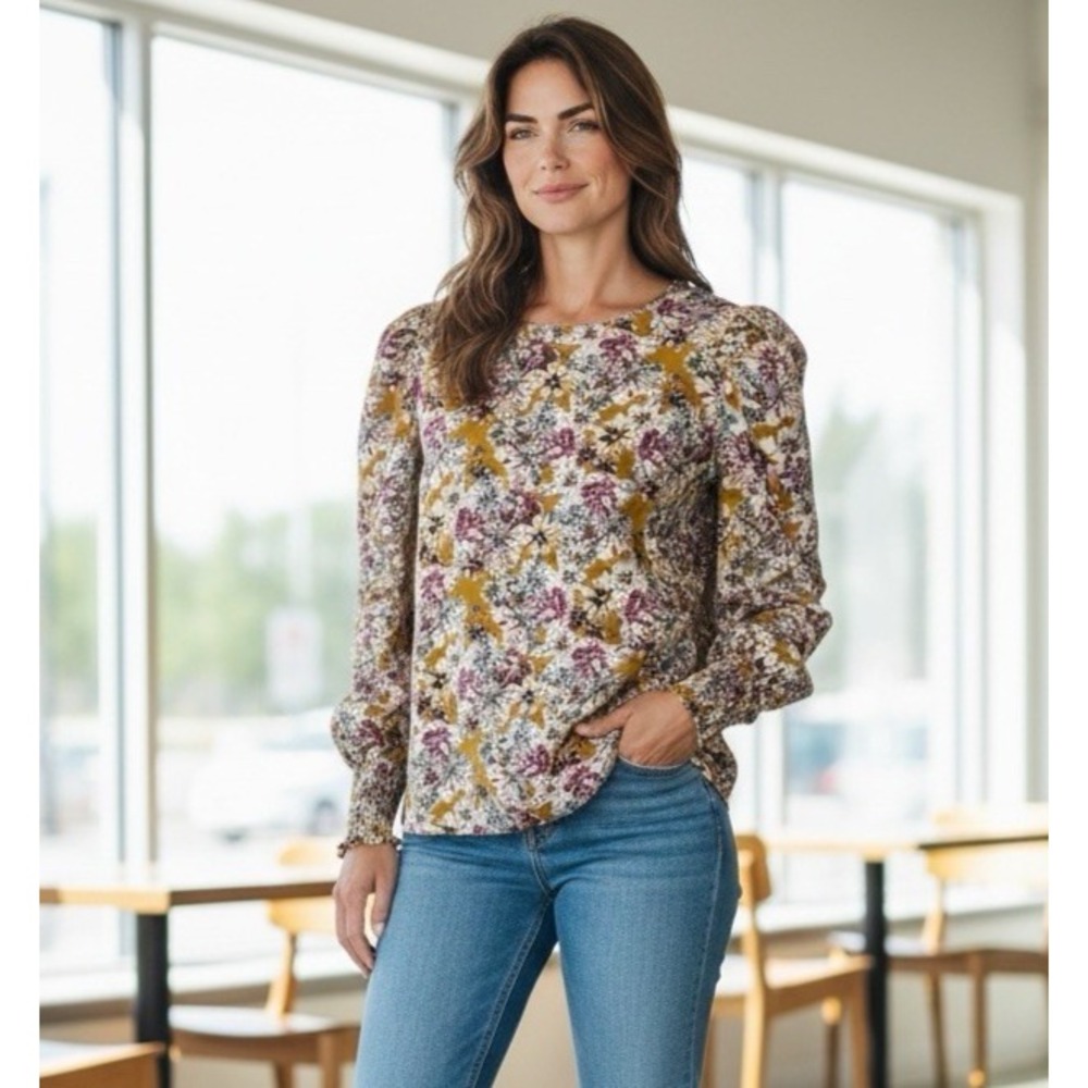 Pleone Women's XS Popover Blouse Balloon Smocked Cuff Sleeve Gold Floral EUC‎